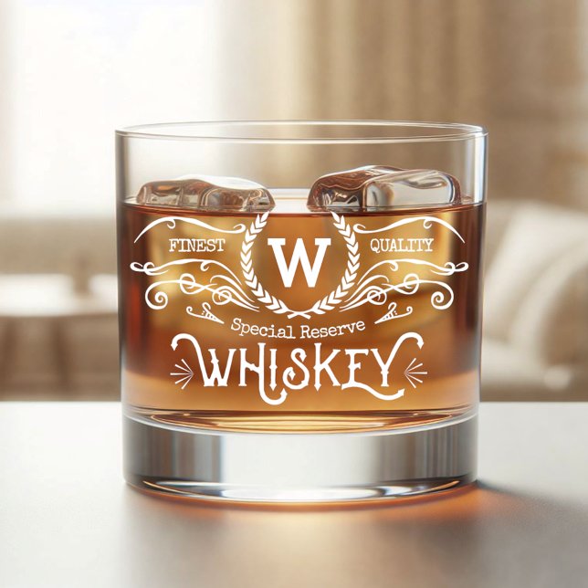 Whiskey Personalised Monogram Vintage Look White Glass (Creator Uploaded)
