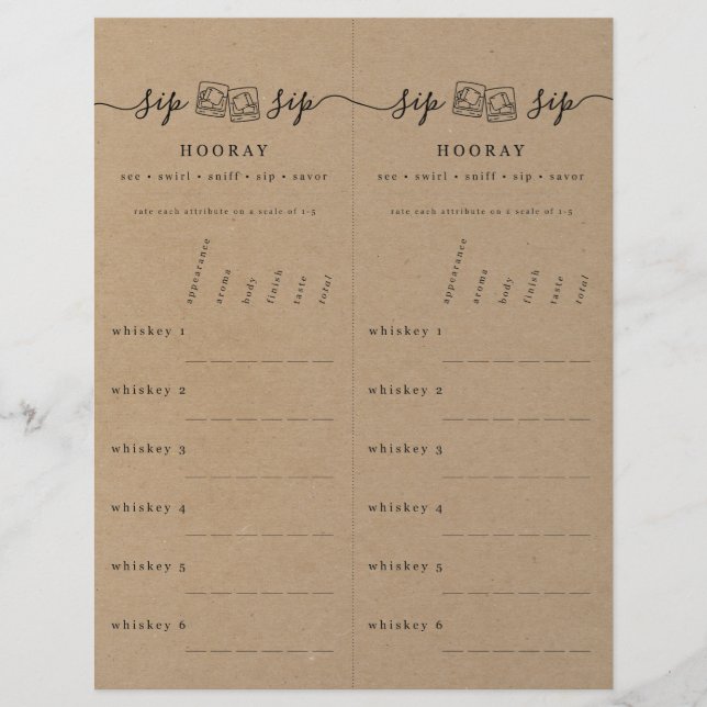 Whiskey Tasting Rating Scorecard on Faux Kraft Custom Letterhead (Front)