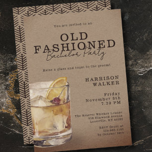 Whiskey Theme Bachelor Party Old Fashioned Rustic Invitation