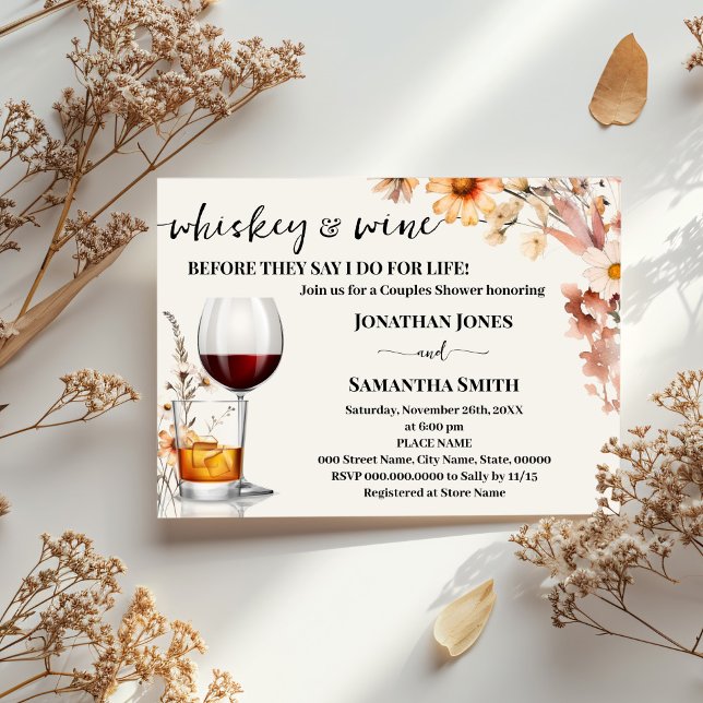 Whiskey & Wine Couples Shower Autumn Wildflowers Invitation (Creator Uploaded)