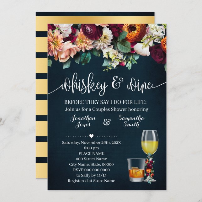 Whiskey & Wine Flowers Couples Shower Wedding Invitation (Front/Back)