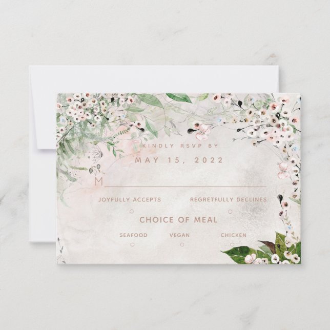 Whisper & Blush Wedding 3 Meal Choice RSVP Card (Front)