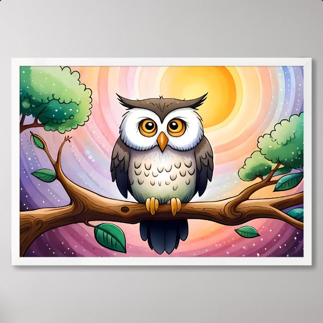 Whisper of Cute Owl Painting Amidst Moon and Stars Poster (owl painting moon star night twigs tree colorful)