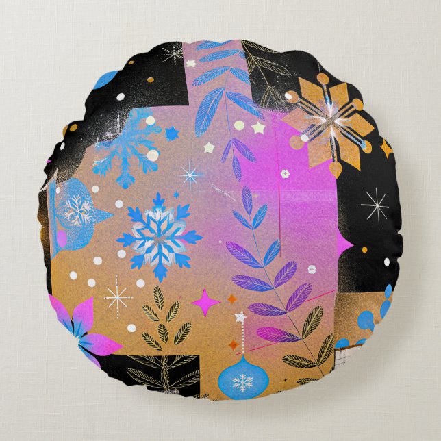 Whisper of Light | Pink Blue and Gold Round Pillow (Front)