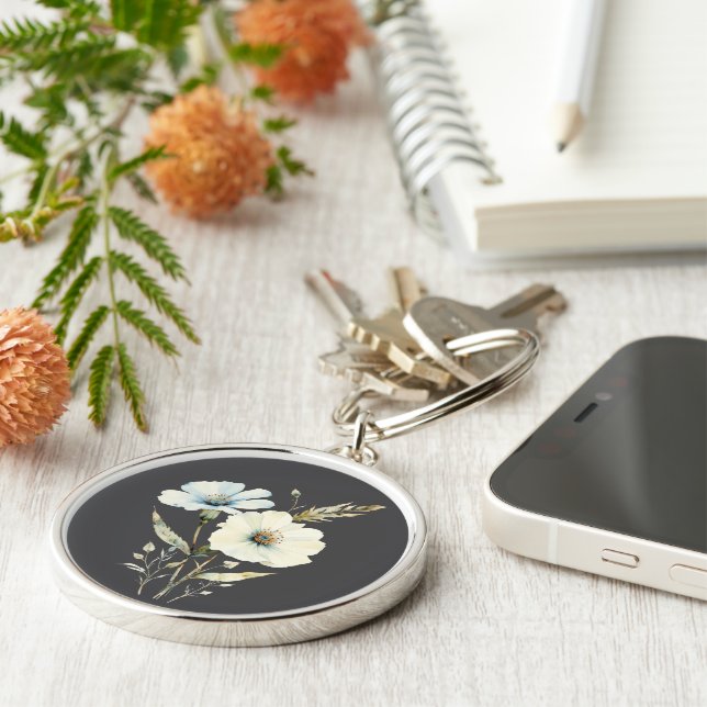 Whispering Petals: Soft Blue & Cream Bloom Key Ring (Side)