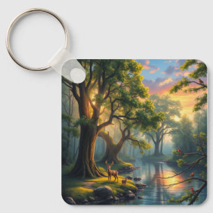 Whispering Woods at Dawn Nature Artwork Magnet Key Ring
