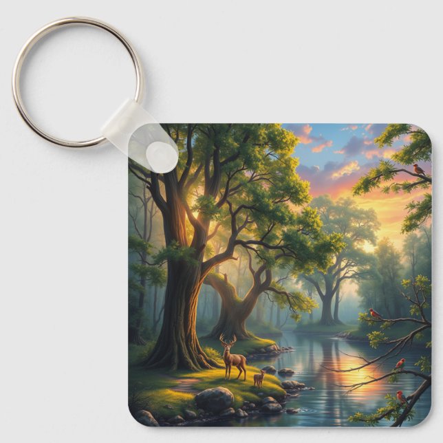 Whispering Woods at Dawn  Nature Artwork Magnet Key Ring (Front)
