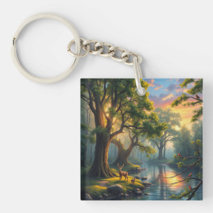 Whispering Woods at Dawn Nature Artwork Magnet Key Ring