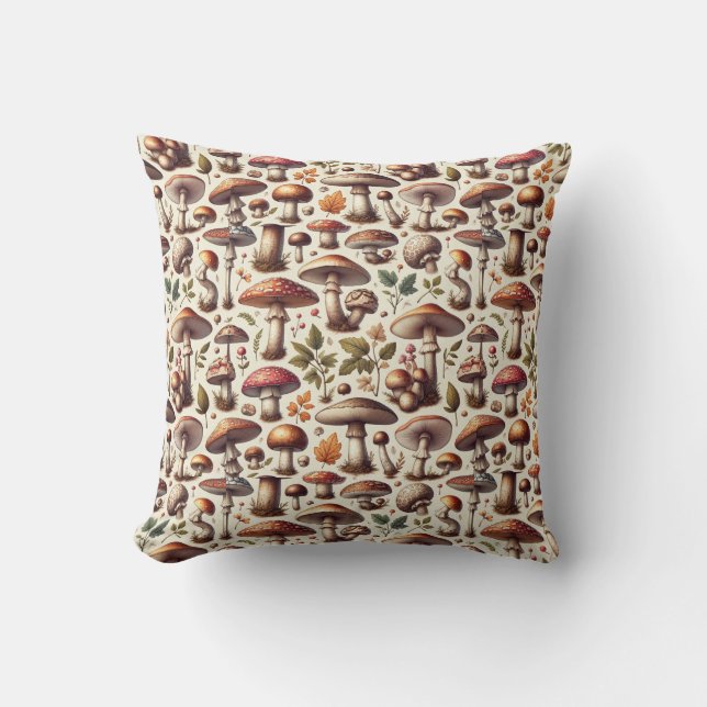 Whispering Woods: Seamless Mushroom Pattern Collec Cushion (Front)