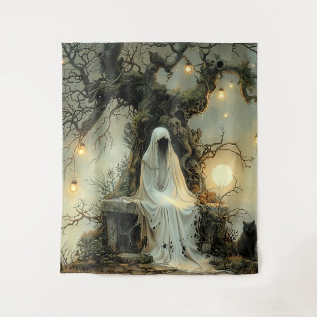  Whispers Beneath the Lantern Tree Halloween Tapestry (Front)