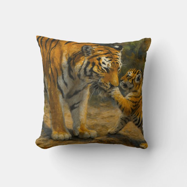 Whispers in the Wild – Tiger and Cub in Forest Cushion (Front)