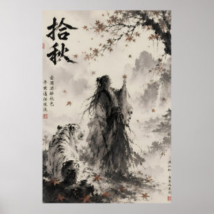 Whispers of Autumn White Tiger and Wanderer Ink Poster