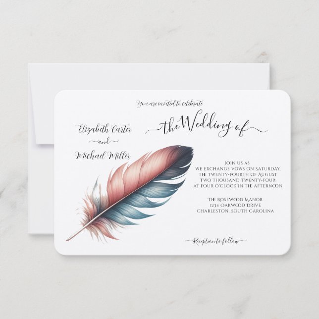 Whispers of Grace Feathered Elegance Minimalism Invitation (Front)