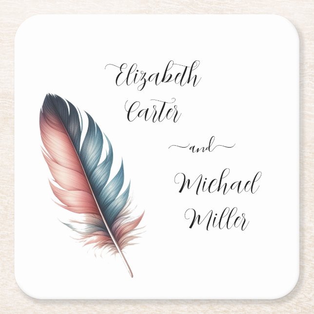 Whispers of Grace Feathered Elegance Minimalism Square Paper Coaster (Front)