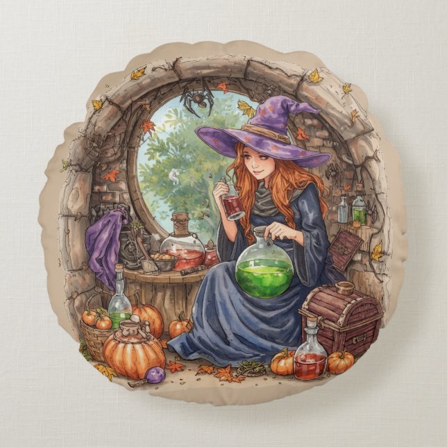 Whispers of Magic, Beautiful Witch and Her Potion Round Cushion (Front)