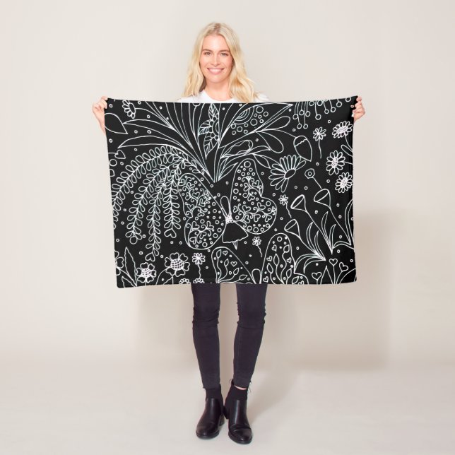 ​Whispers of Nature Botanical Line Art Square  Fleece Blanket (In Situ)