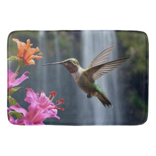 "Whispers of Nature: Hummingbird, Waterfall Bath Mat