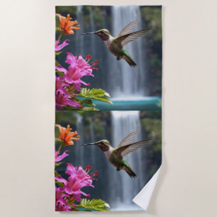"Whispers of Nature: Hummingbird, Waterfall Beach Towel