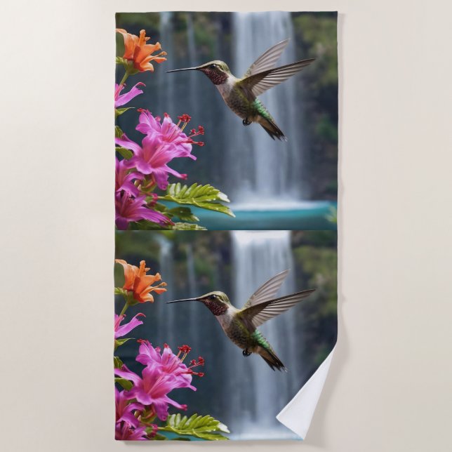 "Whispers of Nature: Hummingbird, Waterfall Beach Towel (Front)