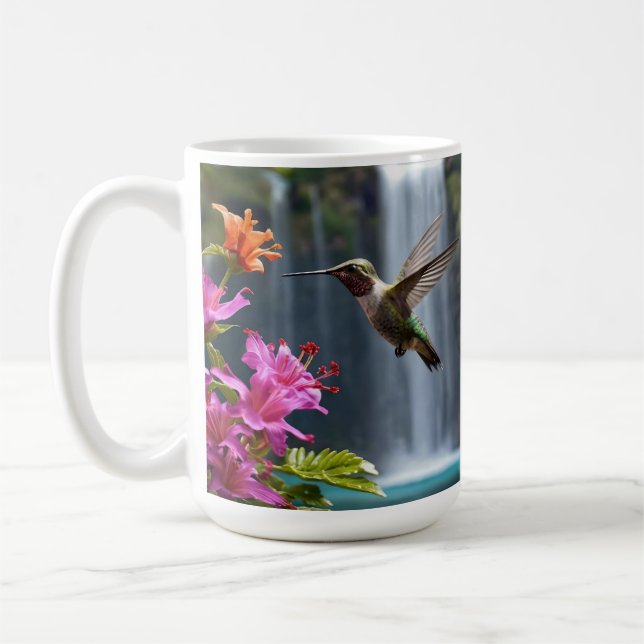 "Whispers of Nature: Hummingbird, Waterfall Coffee Mug (Left)