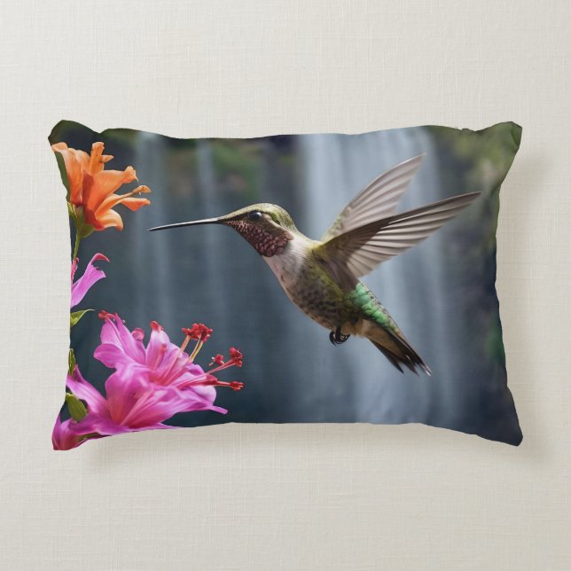 "Whispers of Nature: Hummingbird, Waterfall Decorative Cushion (Front)