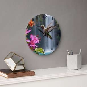"Whispers of Nature: Hummingbird, Waterfall Large Clock