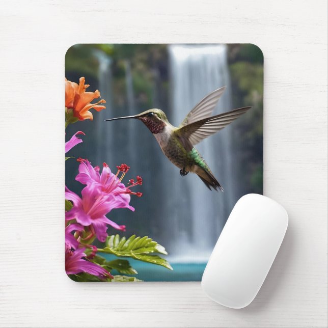 "Whispers of Nature: Hummingbird, Waterfall,  Mouse Pad (With Mouse)