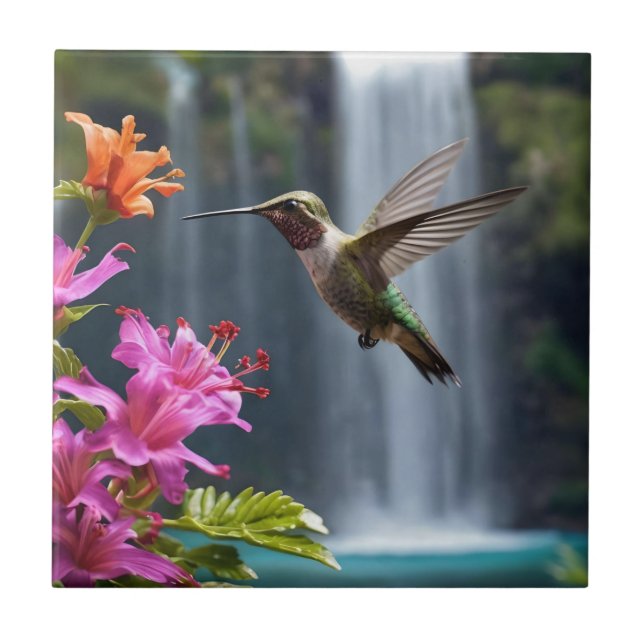 "Whispers of Nature: Hummingbird, Waterfall Tile (Front)