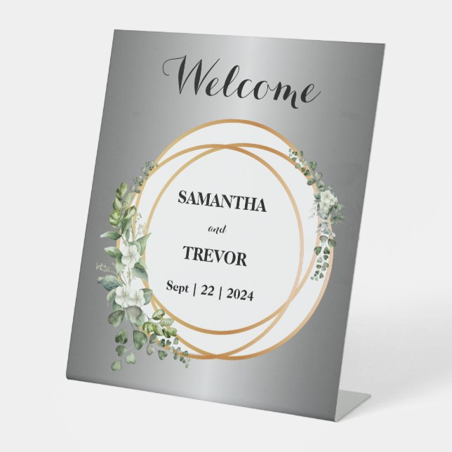 Whispers of Nature: Silver, Gold & Floral Adorned  Pedestal Sign (Front)