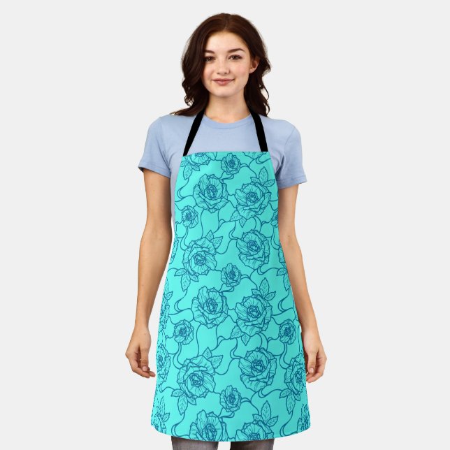 Whispers of Rose, Elegant Line Art Floral Pattern Apron (Worn)