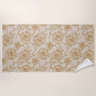 Whispers of Rose, Elegant Line Art Floral Pattern Beach Towel