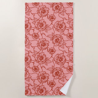 Whispers of Rose, Elegant Line Art Floral Pattern Beach Towel