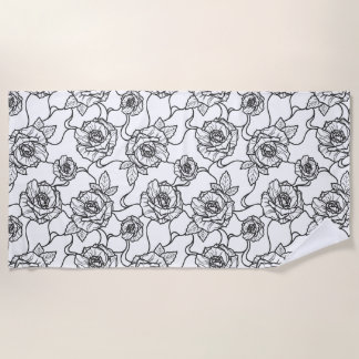 Whispers of Rose, Elegant Line Art Floral Pattern Beach Towel