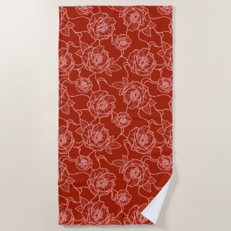 Whispers of Rose, Elegant Line Art Floral Pattern Beach Towel