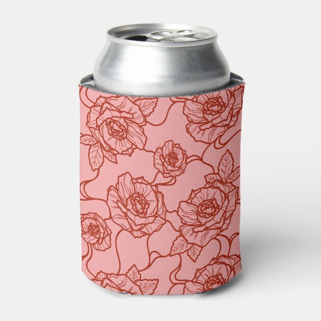 Whispers of Rose, Elegant Line Art Floral Pattern Can Cooler (Can Front)
