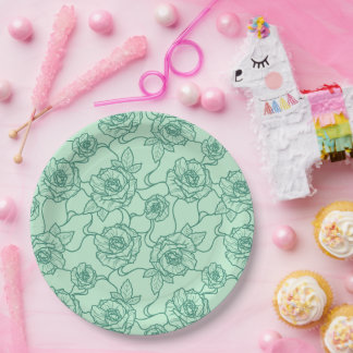 Whispers of Rose, Elegant Line Art Floral Pattern Paper Plate