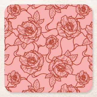 Whispers of Rose, Elegant Line Art Floral Pattern Square Paper Coaster
