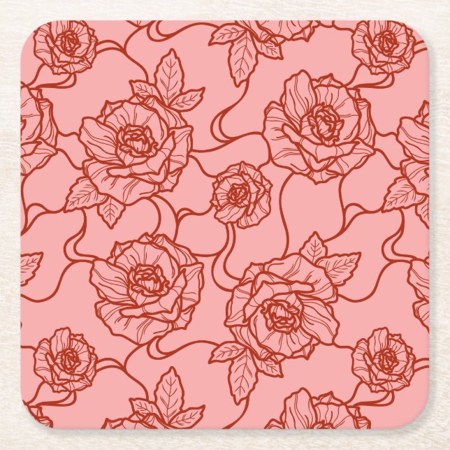 Whispers of Rose, Elegant Line Art Floral Pattern Square Paper Coaster (Front)