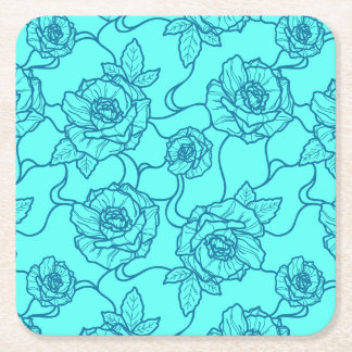 Whispers of Rose, Elegant Line Art Floral Pattern Square Paper Coaster