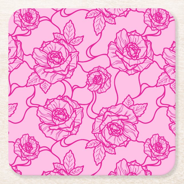 Whispers of Rose, Elegant Line Art Floral Pattern Square Paper Coaster (Front)