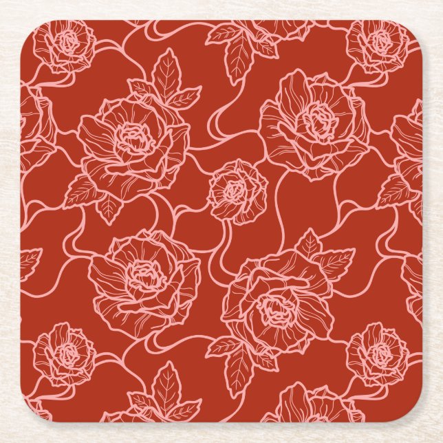 Whispers of Rose, Elegant Line Art Floral Pattern Square Paper Coaster (Front)