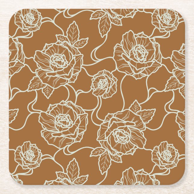 Whispers of Rose, Elegant Line Art Floral Pattern Square Paper Coaster (Front)