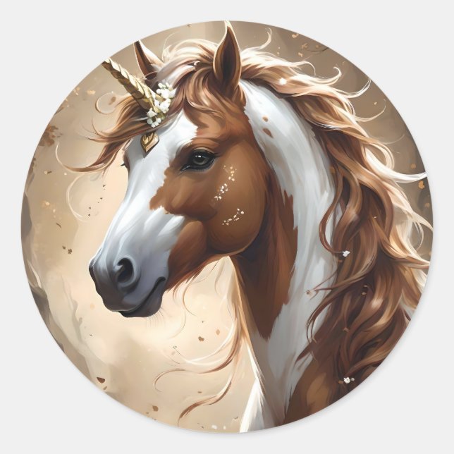 Whispers Of The Brown And White Fantasy Unicorn, Classic Round Sticker (Front)