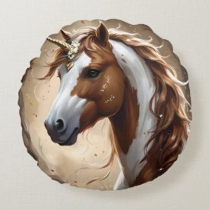 Whispers Of The Brown And White Fantasy Unicorn, Round Cushion