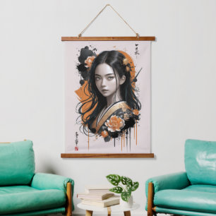 Whispers of the Geisha Bloom: Asian Golden Petals Hanging Tapestry