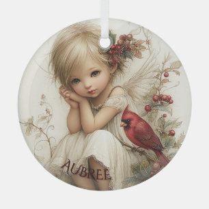 Whispers of Winter – Fairy Child with Cardinal  Glass Tree Decoration