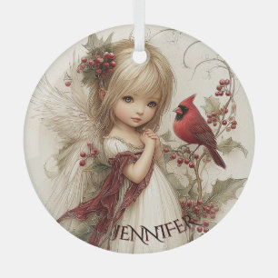 Whispers of Winter – Fairy Child with Cardinal  Glass Tree Decoration
