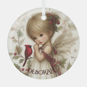 Whispers of Winter – Fairy Child with Cardinal Glass Tree Decoration