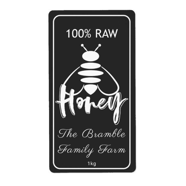 White 100% Raw Honey Bee Label On Charcoal Apiary (Front)