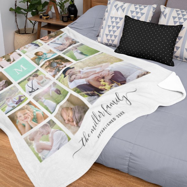 White 16 Photo Collage Monogram Name Calligraphy Fleece Blanket (Creator Uploaded)